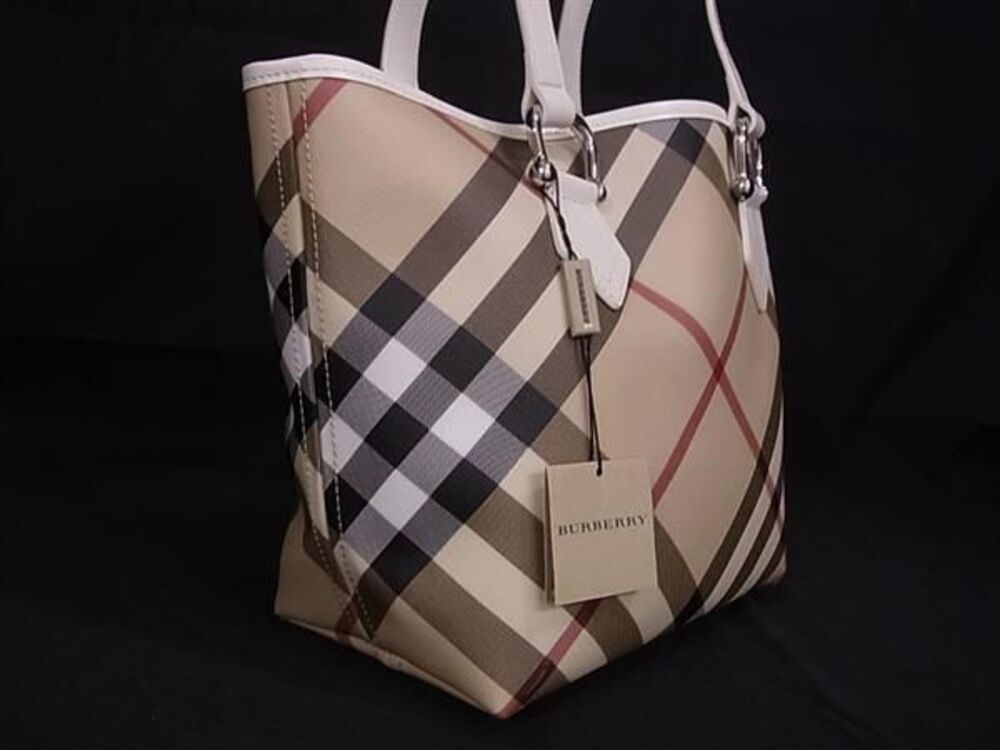 Burberry Bag Leather Check Beige Tote Handbag Shoulder Tan